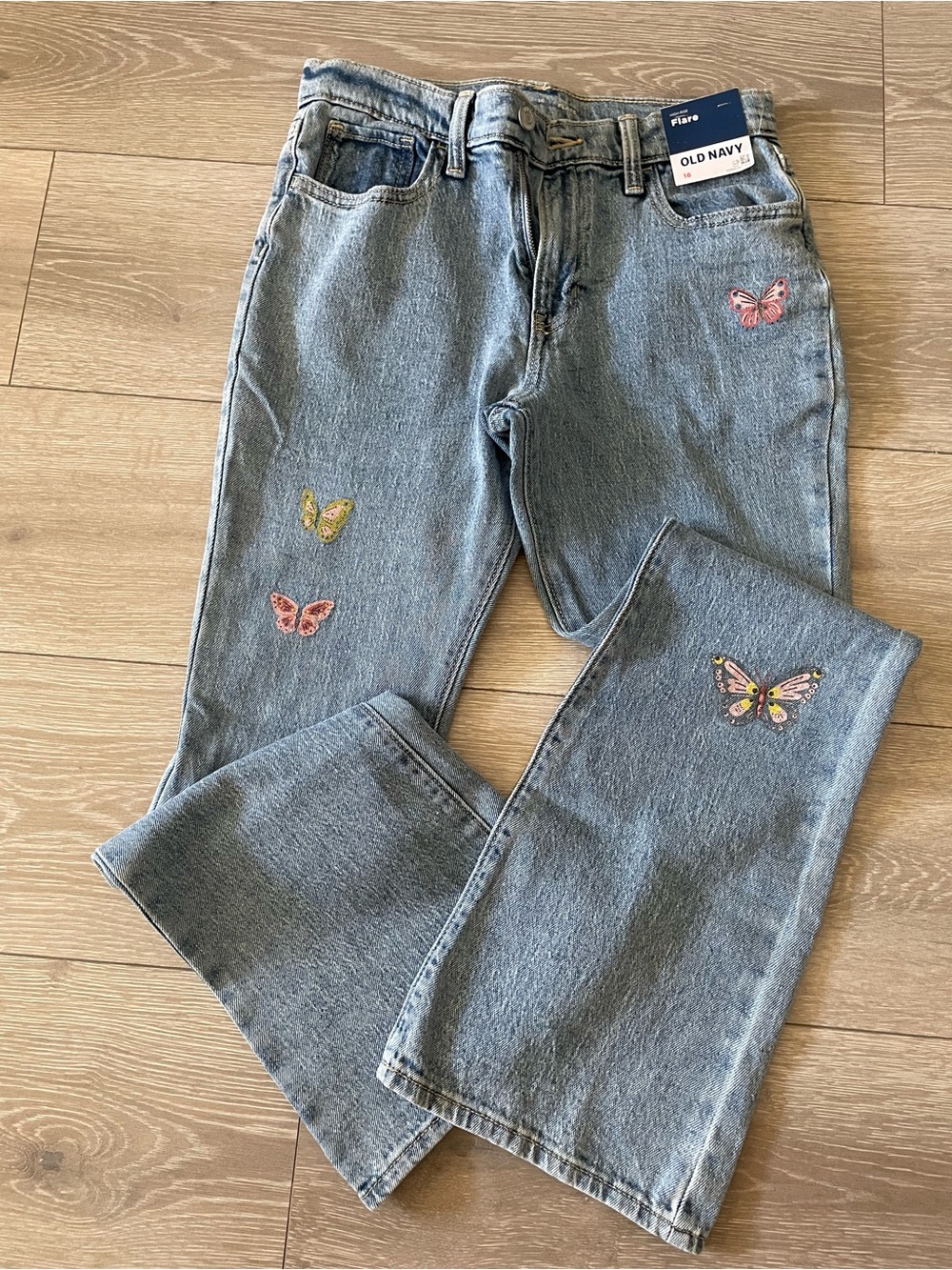 Old Navy Light Blue Wide-Leg Jeans with Colorful Butterfly Embroidery